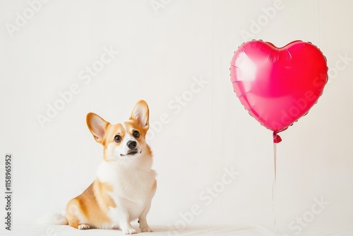 Valentine’s Day corgi puppy dog posing next to a hot pink heart-shaped balloon against a white background photo