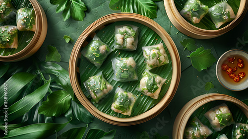 Zongzi, woman eating steamed rice dumplings on wooden table, food in dragon boat festival duanwu concept, close up, copy space, top view, flat lay photo