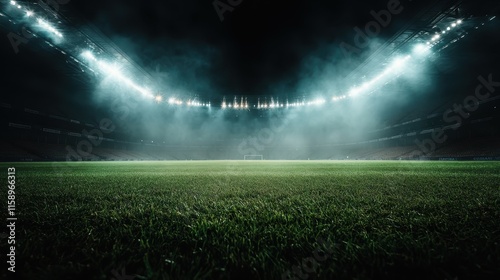 A comprehensive view of a football stadium, showing the ambient lighting creating a mystical misty atmosphere, with the field prepared for an epic night game. photo