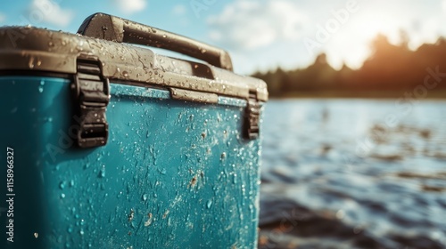 Fototapeta Naklejka Na Ścianę i Meble -  A turquoise cooler glistens with water droplets against the serene backdrop of a lake under a clear sky, suggesting freshness, adventure, and summertime joy.
