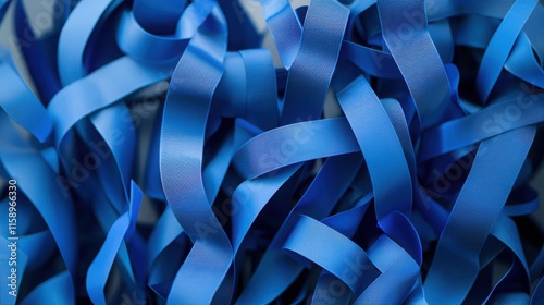 An abstract image featuring a tangle of blue ribbons, showcasing various shades and textures. The vibrant colors create a visually interesting composition. photo