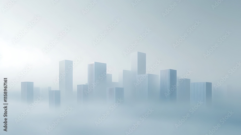 Misty skyline view of skyscrapers in foggy urban environment Misty skyline view of skyscrapers in foggy urban environment