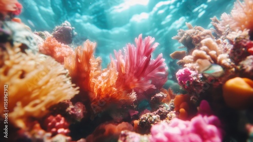 Colorful corals burst with hues of pink and orange beneath ocean waters, creating a vibrant underwater landscape that exemplifies the beauty of marine life. photo