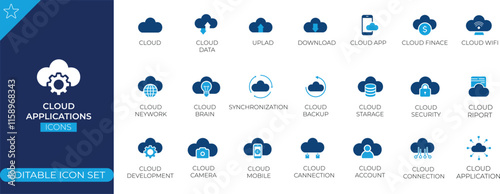 Cloud Applications Icons Set of icons on the theme of information technology, computers, internet, cloud storage, cyber security. Solid vector icons.