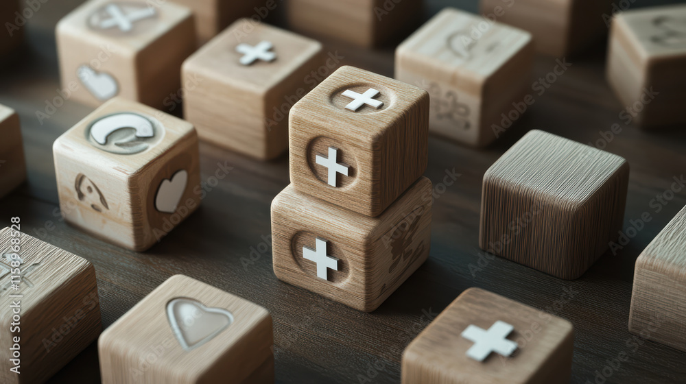 Obraz premium Creative wooden blocks with health symbols arranged on table, showcasing playful and educational theme. blocks feature various designs, including hearts and medical crosses, promoting wellness