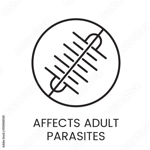 A vector linear icon of a circle with a parasite silhouette and lines crossing it, representing the effect on adult parasites with an editable stroke