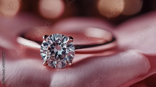 The image showcases a solitaire diamond ring exuding brilliant sparkle upon the soft surface of rose petals, epitomizing elegance and beauty in design. photo