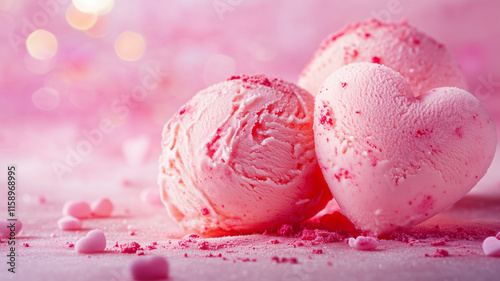 Image of colorful heart shaped ice creams, with pink color on a soft and blurred background. photo