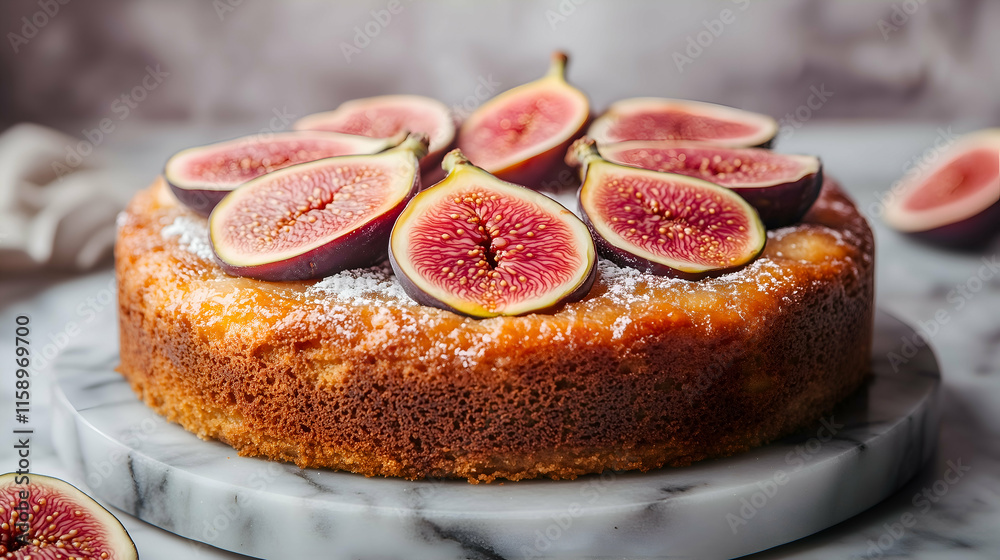 A moist and golden homemade cake topped with fresh, vibrant fig slices. The rich colors and natural sweetness of the figs create a perfect balance for a luxurious dessert experience. A moist and golden homemade cake topped with fresh, vibrant fig slices. The rich colors and natural sweetness of the figs create a perfect balance for a luxurious dessert experience.