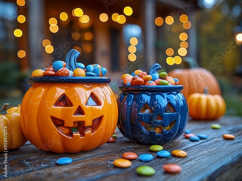 Trick or treating brought to life in macro detail, showcasing colorful candy, pumpkins, and festive decor in a ethereal, spine-tingling setting photo