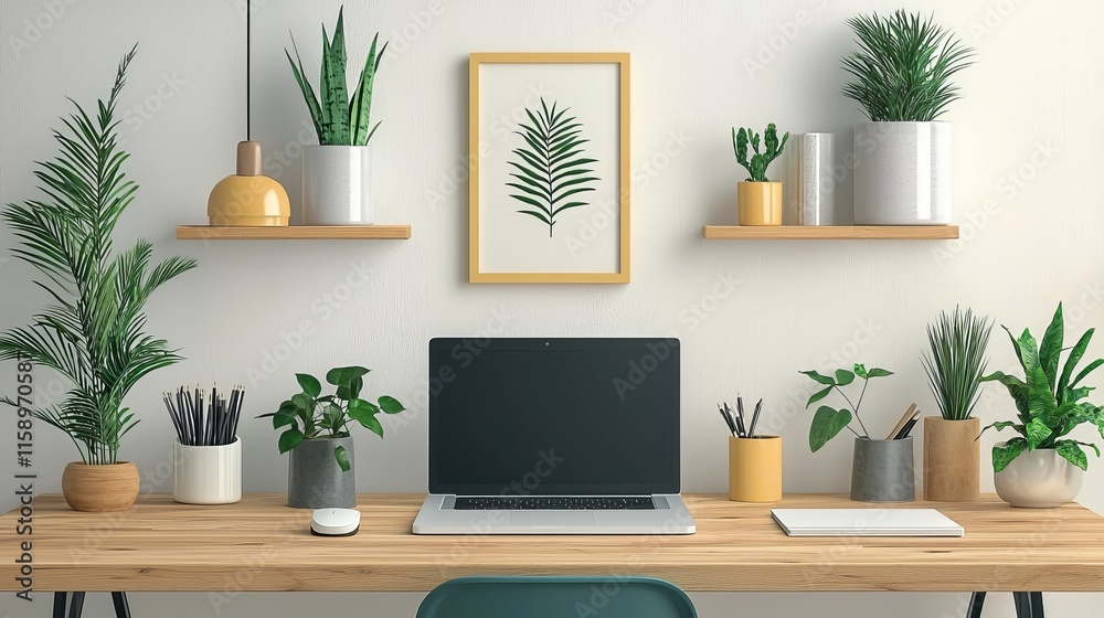 Productivity-focused home office setup with minimalist design, using a laptop and key accessories in a modern digital environment Productivity-focused home office setup with minimalist design, using a laptop and key accessories in a modern digital environment