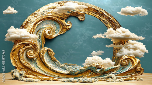 Golden wave frame with clouds, surreal art.