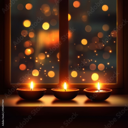 Diwali evening celebration home window decorative lamps cozy atmosphere warm glow festival of lights photo