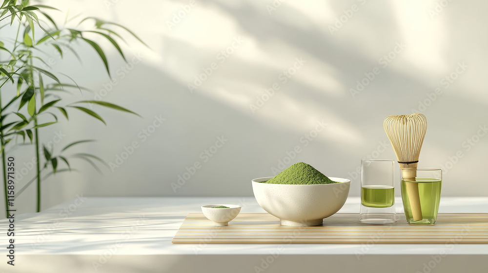 Traditional matcha tea setting with white podium, bamboo whisk, bowl with green powder and ready drink in glass. Realistic 3d platform with tools and equipment for preparing Japanese beverage. Traditional matcha tea setting with white podium, bamboo whisk, bowl with green powder and ready drink in glass. Realistic 3d platform with tools and equipment for preparing Japanese beverage.