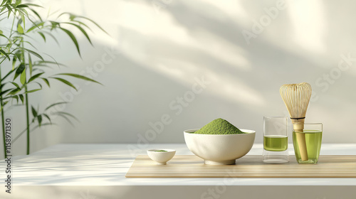 Traditional matcha tea setting with white podium, bamboo whisk, bowl with green powder and ready drink in glass. Realistic 3d platform with tools and equipment for preparing Japanese beverage.