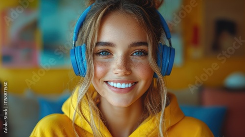 Happy young woman with blue headphones smiles.