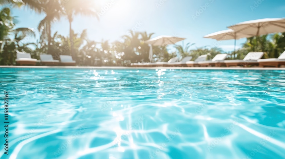 An inviting clear blue swimming pool surrounded by lounge chairs and umbrellas, basking under the bright sun, epitomizing relaxation and a perfect summer day. An inviting clear blue swimming pool surrounded by lounge chairs and umbrellas, basking under the bright sun, epitomizing relaxation and a perfect summer day.