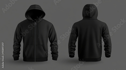 Black sweatshirt with zipper, hood and pockets front and back view. Vector realistic mockup of male zip hoodie with long sleeve. Man silhouette in street wear, urban style sport shirt