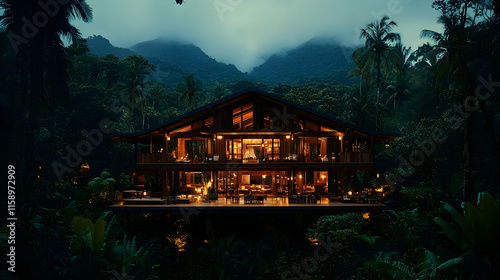 Fototapeta Naklejka Na Ścianę i Meble -  Illuminated jungle lodge at dusk, nestled amongst lush tropical foliage and mountains.