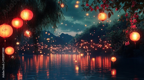 Floating Lanterns on a Tranquil River During a Peaceful Night Festival Water Lantern Festival Photography Serene Evening Glow Aesthetics Traditional Candle-Lit Celebrations photo