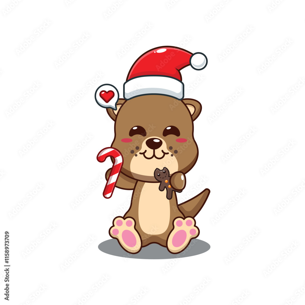 Cute otter eating christmas cookies and candy. Cute otter eating christmas cookies and candy.