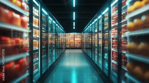 A bright, colorful supermarket aisle features chilled glass displays filled with diverse products, illuminated by cool, vibrant lights creating a frosty atmosphere.