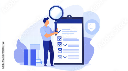 businessman focused on safety standards reviews checklist with magnifying glass, ensuring thoroughness and attention to detail in his work