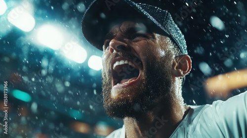 A bearded athlete in a dark cap passionately shouting with intensity, under bright stadium lights, as rain pours down, showcasing a moment of triumph and emotion. photo