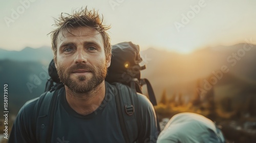 An adventurous bearded man with a rugged backpack stands overlooking breathtaking mountains at sunset, radiating exploration and a sense of wanderlust. photo