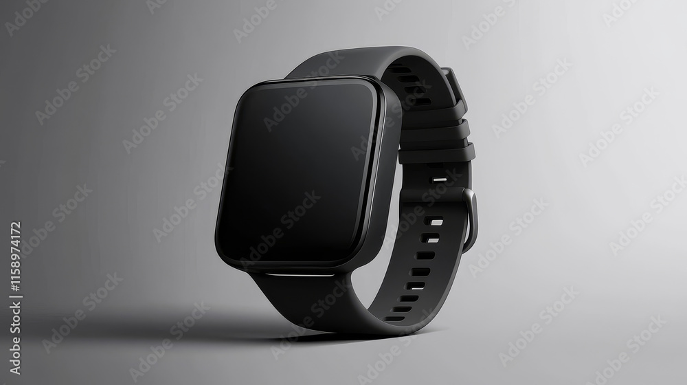 Smartwatch with blank screen and black wrist band side angle view. Realistic 3d vector set of electronic gadget mockup. Wearable intelligent wristwatch accessory for business and health care Smartwatch with blank screen and black wrist band side angle view. Realistic 3d vector set of electronic gadget mockup. Wearable intelligent wristwatch accessory for business and health care