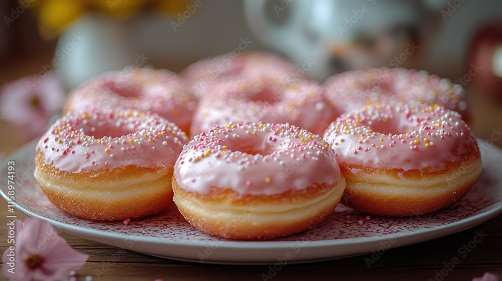 Plate of colorful frosted donuts with playful icing designs and sprinkles Plate of colorful frosted donuts with playful icing designs and sprinkles
