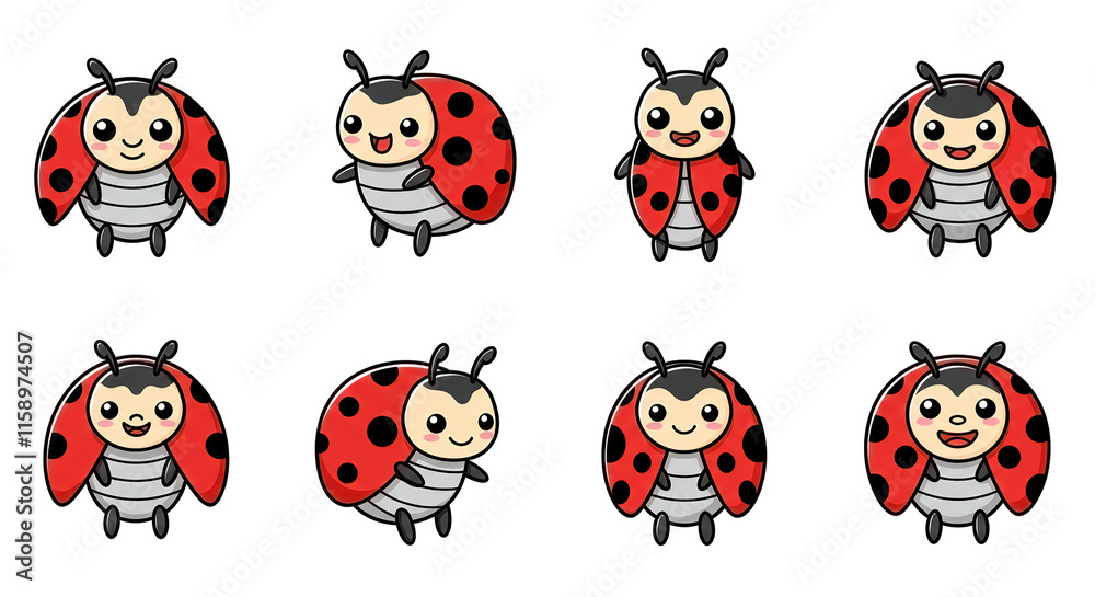 Naklejka premium Beetle lady bug set line. Insect animal collection. Ladybug, ladybird. Funny horns. Cute cartoon kawaii smiling baby character. Education cards for kids. Isolated. White background. Flat design.
