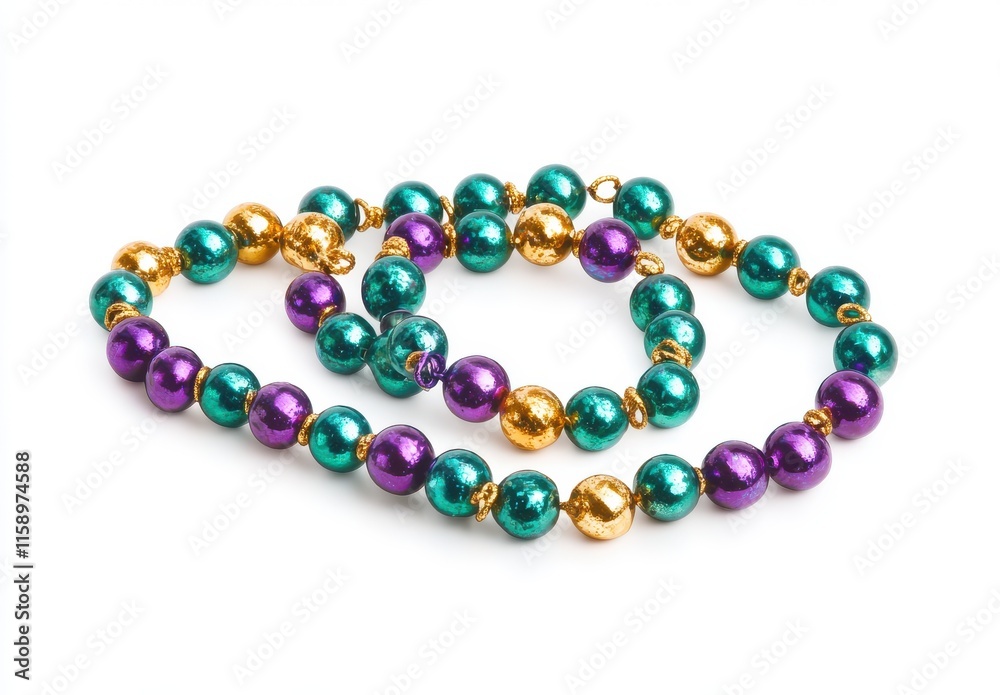 Colorful Beads Arrangement Featuring Green, Purple, and Gold Spheres on a White Background for Crafts and Decorative Projects Colorful Beads Arrangement Featuring Green, Purple, and Gold Spheres on a White Background for Crafts and Decorative Projects