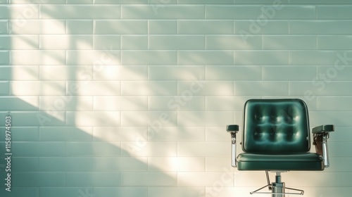 A mid-century modern barber chair set against muted tile walls in a salon, combining vintage flair with contemporary style for a sophisticated grooming experience. photo