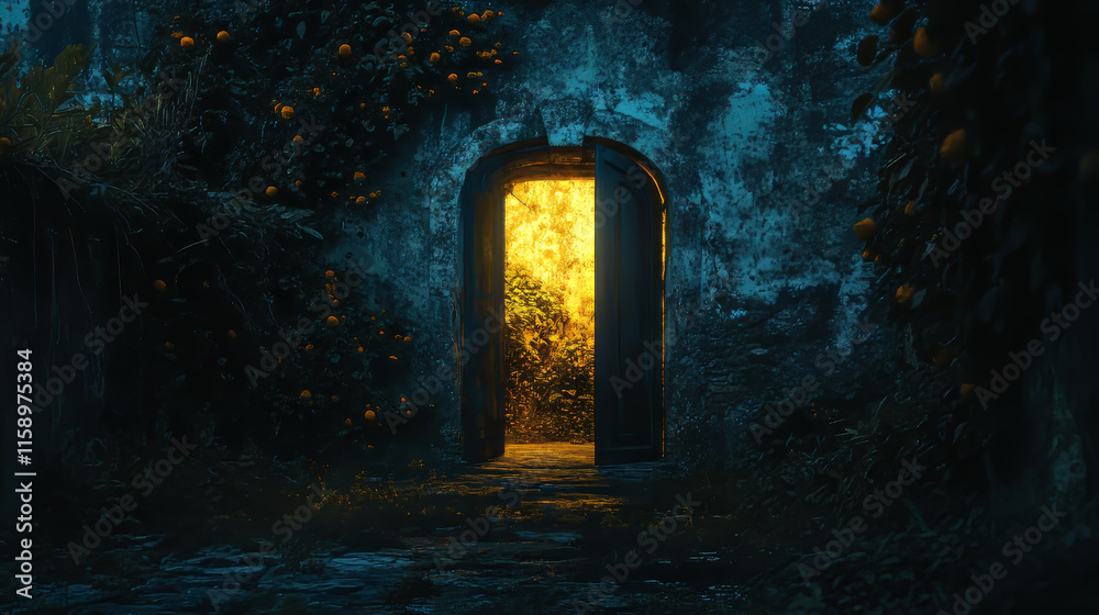 Fototapeta premium Door opening with glow, discovery, opportunity, exit concept with light shine from open doorway in dark room with sparks or mysterious radiance inviting to enter, Realistic 3d vector illustration