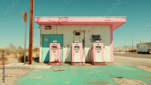 An aging, deserted gas station situated along a remote road, featuring pastel-colored pink pumps; encapsulates themes of neglect, history, and solitude, bathed in sunlight. photo