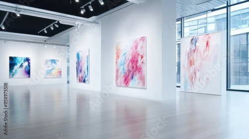 A brightly-lit gallery setting with multiple abstract paintings featuring vivid colors. This contemporary space enhances the dynamic energy of the displayed art. photo