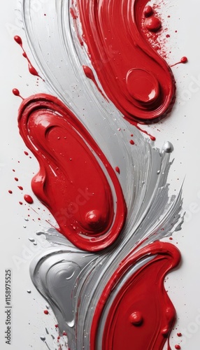 Abstract red and silver paint strokes on white background.