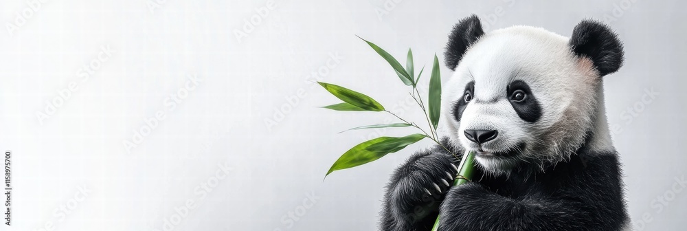 Obraz premium Panda happily holding bamboo with plenty of copy space for text in a minimalistic setting. Generative AI