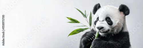 Panda happily holding bamboo with plenty of copy space for text in a minimalistic setting. Generative AI photo