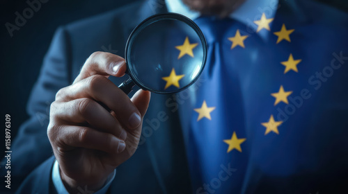 Close up of businessman examining compliance and safety regulations with magnifying glass, symbolizing scrutiny and attention to detail in professional setting