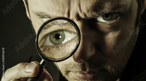 Close up of businessman examining details with magnifying glass, showcasing focus and determination. intense gaze highlights importance of scrutiny in decision making