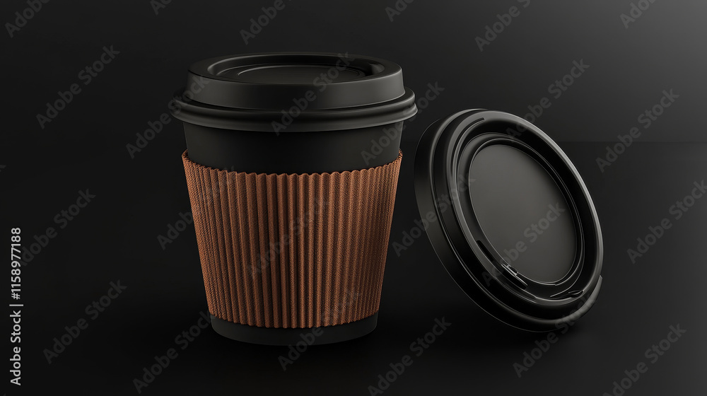 Isolated 3d black paper coffee cup vector mockup template. Take away mug for hot latte drink with lid and brown sleeve holder design. Realistic cappuccino cardboard container side, inside, front view Isolated 3d black paper coffee cup vector mockup template. Take away mug for hot latte drink with lid and brown sleeve holder design. Realistic cappuccino cardboard container side, inside, front view