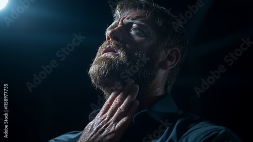 Man touching neck with nervous expression photo