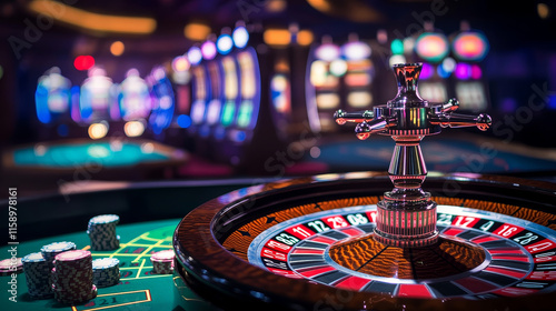 Casino poster with purple neon casino roulette, neon slot machine, neon playing cards and poker chips on dark background. Casino software concept