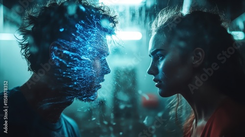 Two silhouetted faces stand closely, engaging in a captivating encounter, with ethereal blue light and textures interspersing, creating an abstract and emotional scene. photo