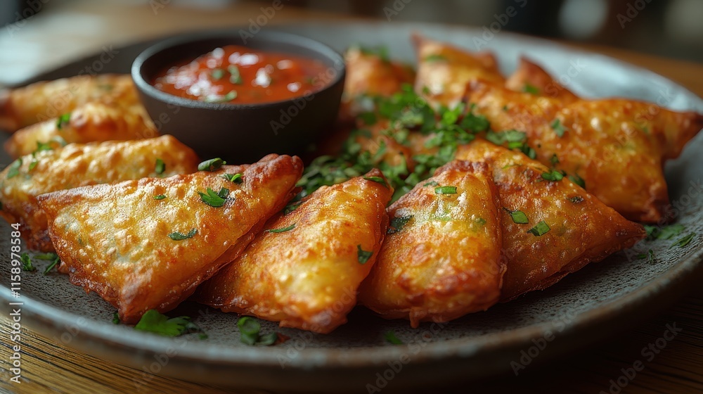 Plate of crispy samosas served with refreshing mint chutney. Plate of crispy samosas served with refreshing mint chutney.