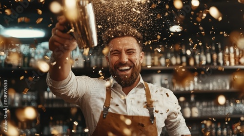A lively bartender wearing an apron shakes a cocktail shaker, creating an explosion of golden sparkles, adding energy and excitement to the bar environment.