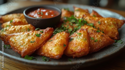 Plate of crispy samosas served with refreshing mint chutney.