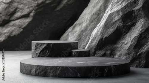 Dark stone podium for products display. 3d realistic vector set of stands with black glossy rock texture. Natural pedestal platform for cosmetic production demonstration. Mockup of gray goods showcase